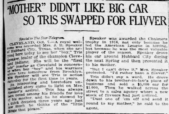 Newspaper: Mother didn't like big car so Tris swapped for Flivver