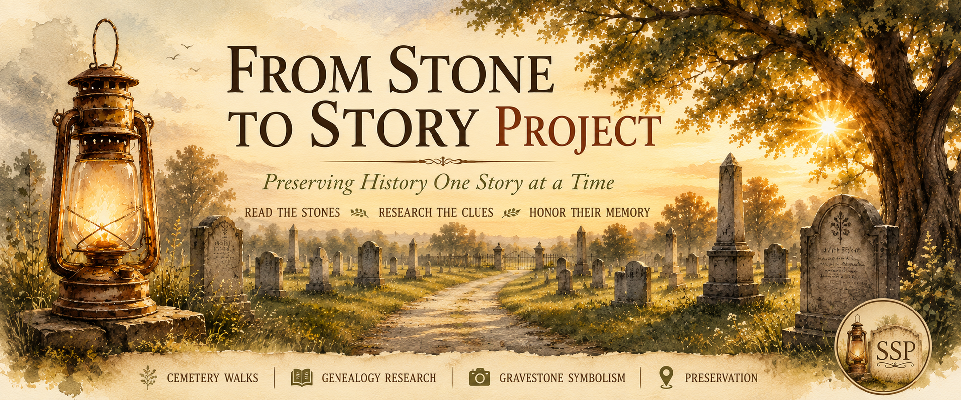 From Stone to Story Project &mdash; an illustration of a lantern, a weathered headstone, and an autumn tree